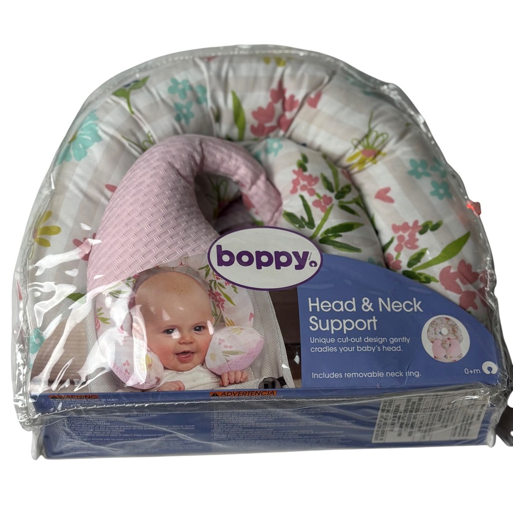 Boppy Head & Neck Support Pink Stripe Flowers Insert Baby NEW Shower Gift REBORN